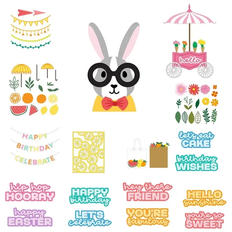 Cutting Dies Stamps Easter Rabbit Flower Cart Birthday Celebration Banners Metal Scrapbook Diary Decoration Embossing Template