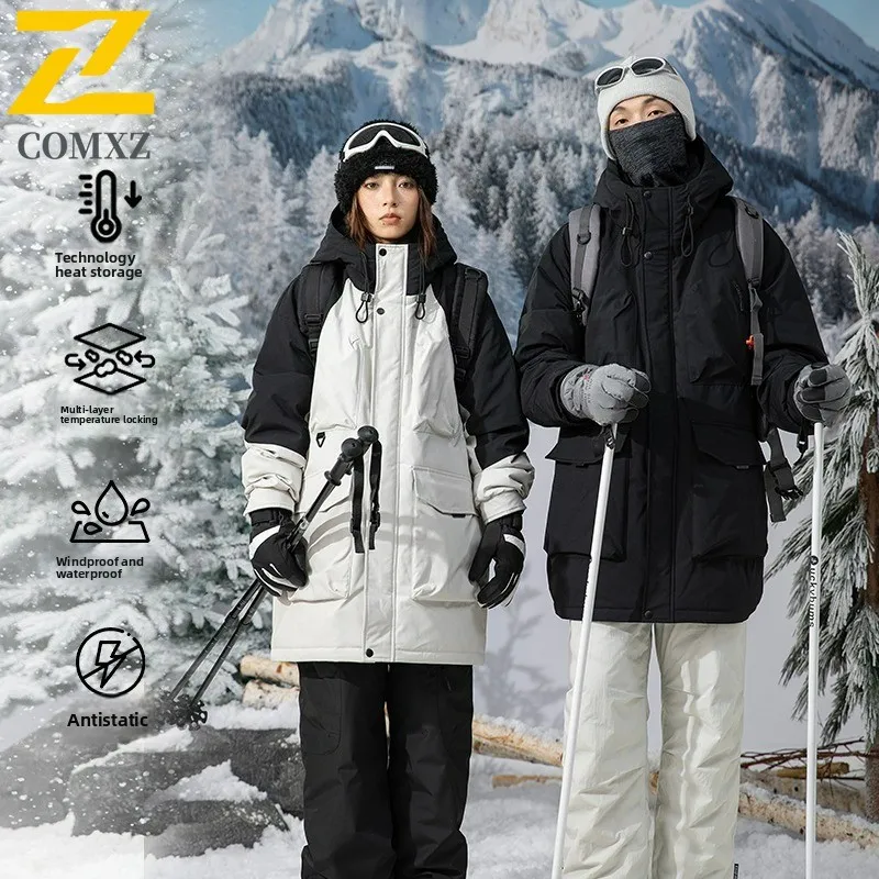 メンズロングダウンジャケットスプライシングフード付きアウトドア登山防寒パッド入りコートカジュアルスノースキー暖かい冬パーカー