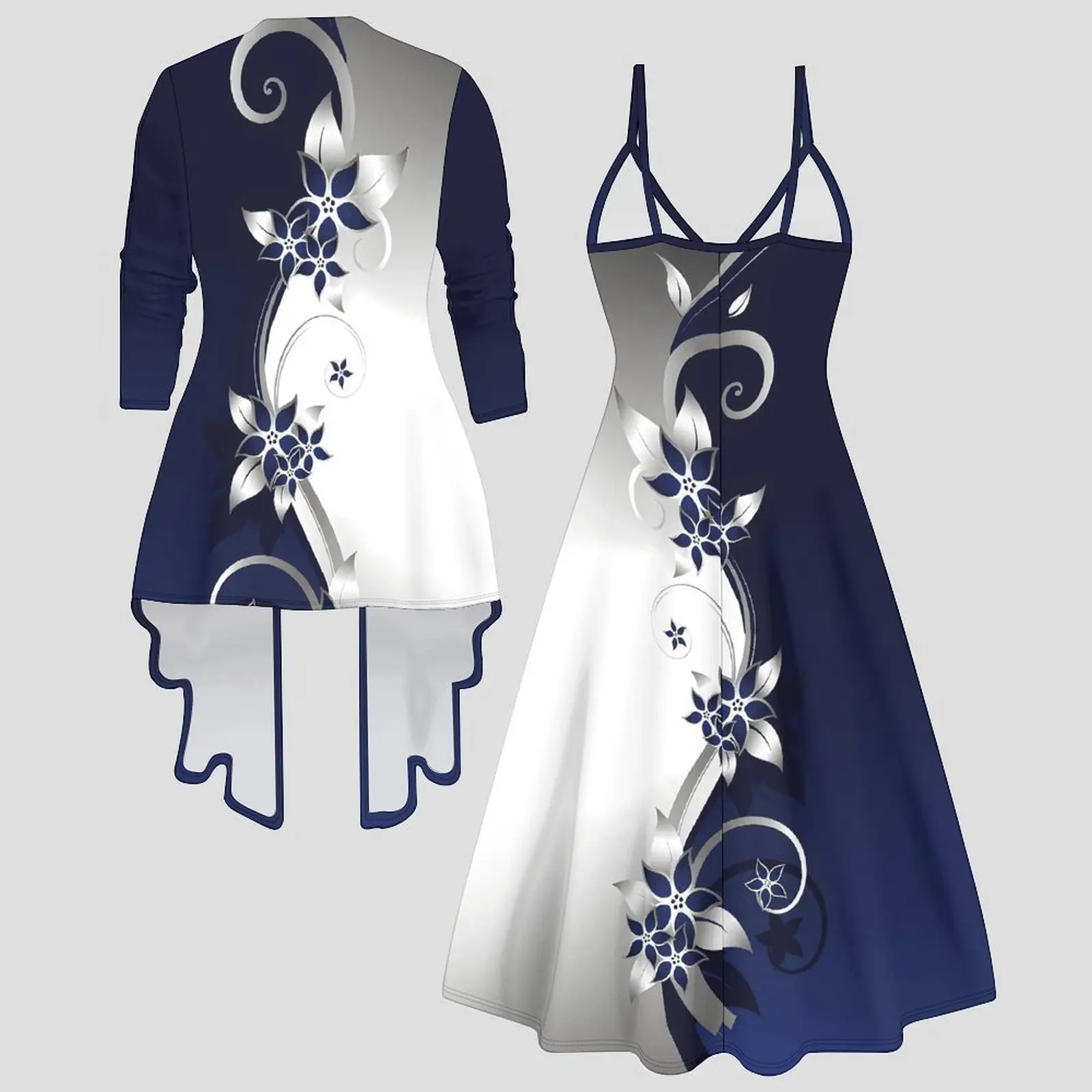 Women's Two-piece Set Autumn Ladies V-neck Fashion Vest Dress Printing Open-front Cardigan Winter Vacation Party Casual Wear