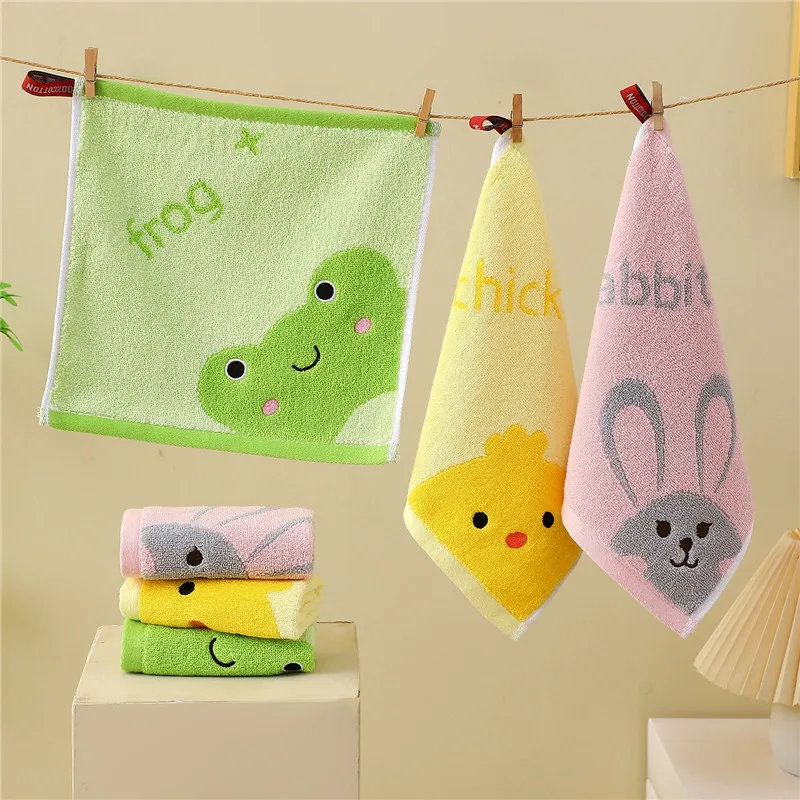 1Pc 25x25cm Cartoon Handkerchief Cotton Jacquard Frog Chick Rabbit Embroidery Children Baby Face Washing Towel
