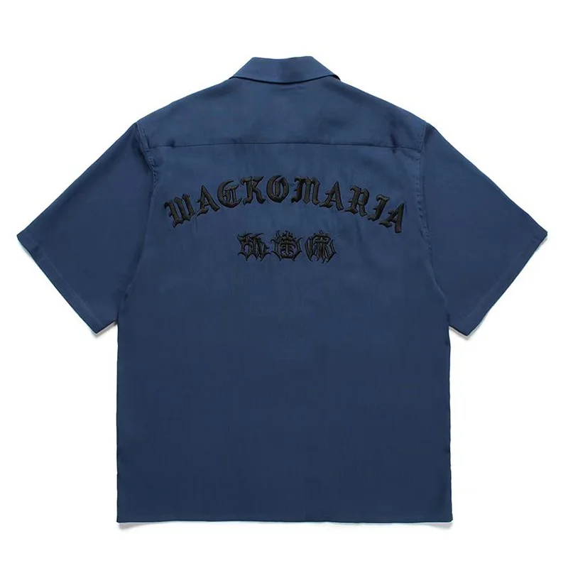 Trend Latest Mens Womens WACKO MARIA 25ss New Solid Colour Embroidered Maple Leaf LOGO Hawaii Short Sleeve Shirt