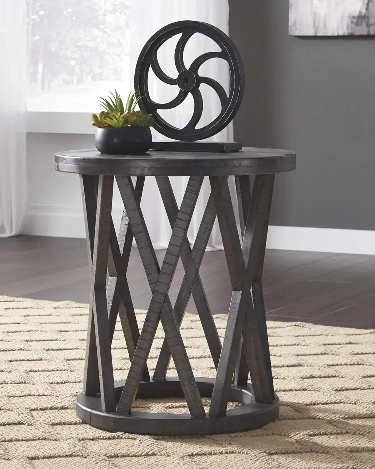 Rustic Round End Table Made of Solid Pine Wood, Gray with Weathered Finish