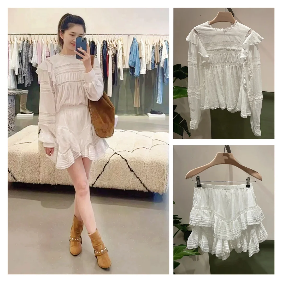 

Isa Court Style Set White Lace Embroidery Shirt Elastic Waist Short Skirt Pants French Style Loose Fit Cotton Long Sleeve Shirt