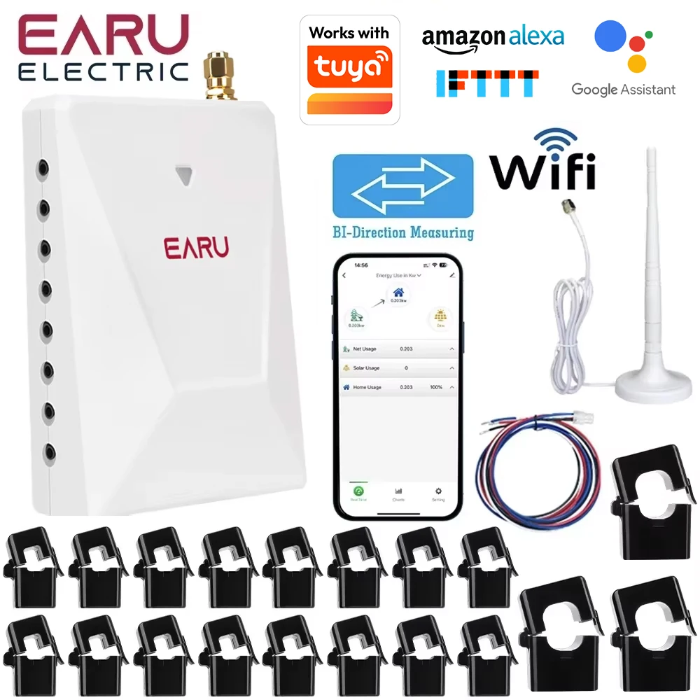 EARU 19 Channel Phase Tuya App WiFi Smart Bidirectional Monitor Current Voltage kWh PV Solar Power Energy Meter with 19 CT Clamp