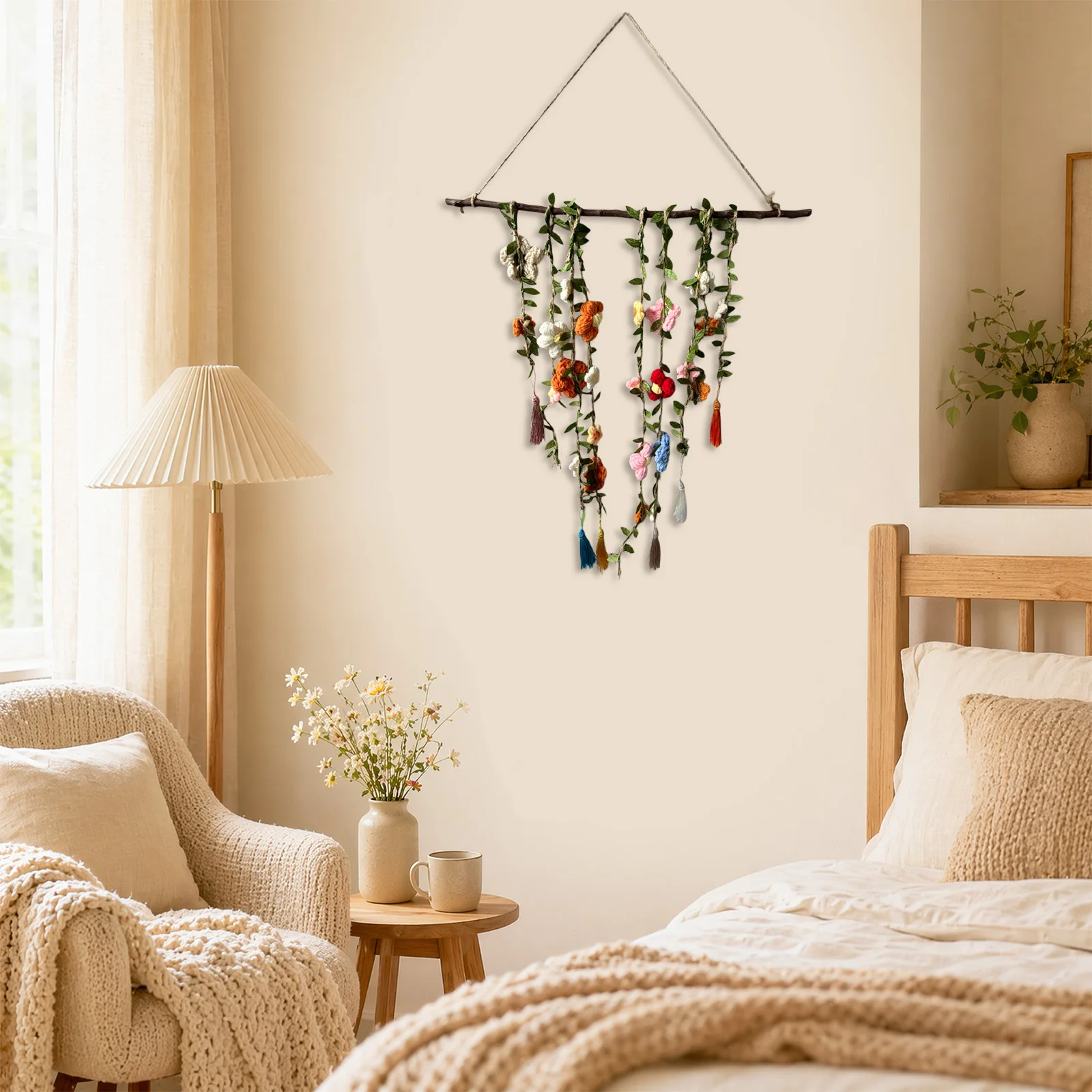 Boho Handmade Crochet Garden Wall Tapestry Woven Floral Flower Hanging Decor Home Living Room Bedroom Art