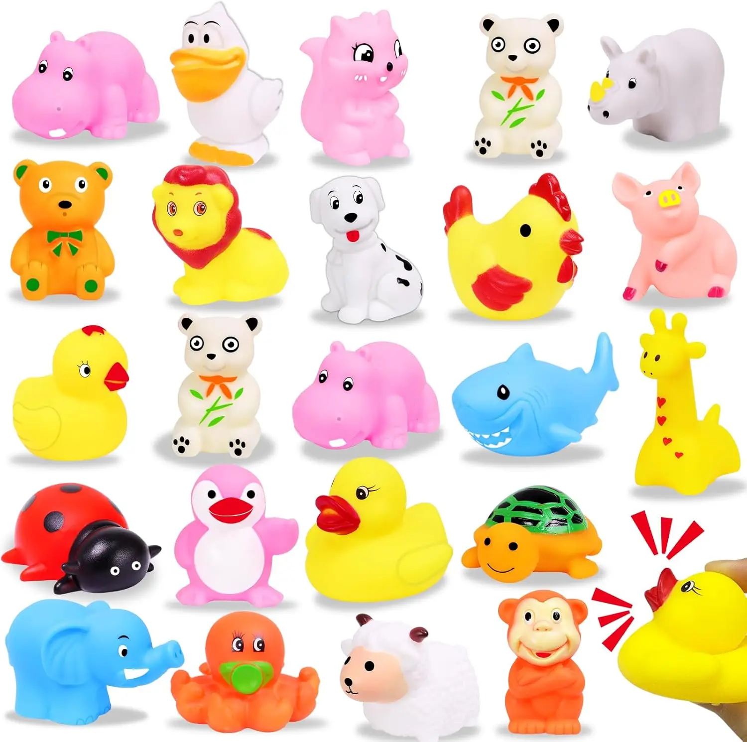 

24 Pack Squeeze Squeak Toys, Rubber Ducks Bulk Set for Bath, Party Favors, Classroom Prizes, Stress Relief Sensory Fun