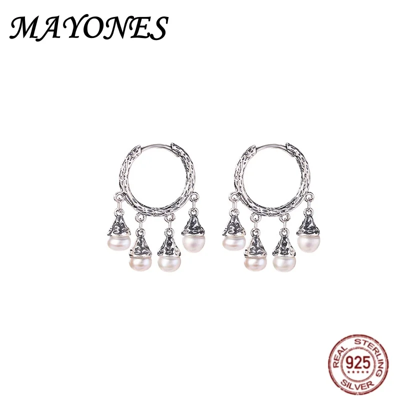 Ethnic Style Light Luxury Design S925 Pure Silver Tang Grass Pattern Earrings With Women's Tassel Pearl Relief Earrings