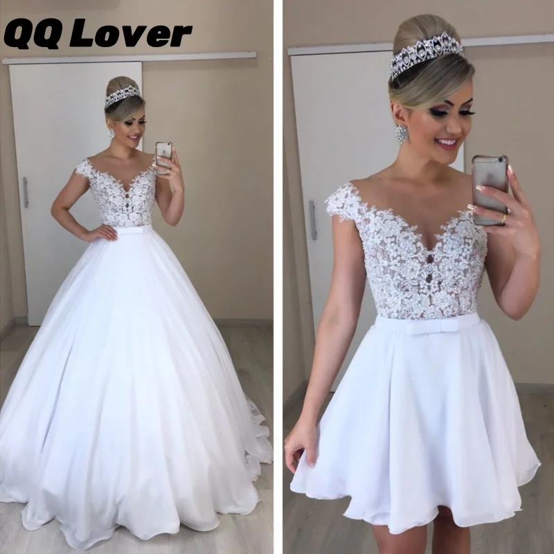 

Beach 2 IN 1 Wedding Dresses Customized Lace Appliques Short Bridal Gown with Long Detachable Skirt For Bride Vestido De Novia