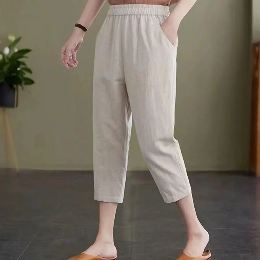 

Casual Loose Harem Pants Stylish Women's Mid-calf Harem Pants Elastic Waist Solid Color Pockets for Summer Casual Wear Cropped