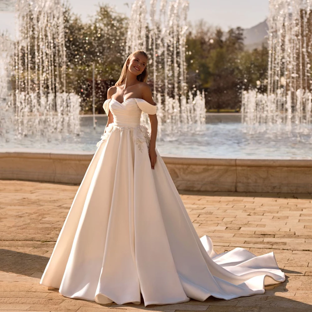 

Customized Vintage Flowers Satin Wedding Dress Off Shoulder Sweetheart A-Line Bride Gowns Sweep Train Elegant vestidos de novia