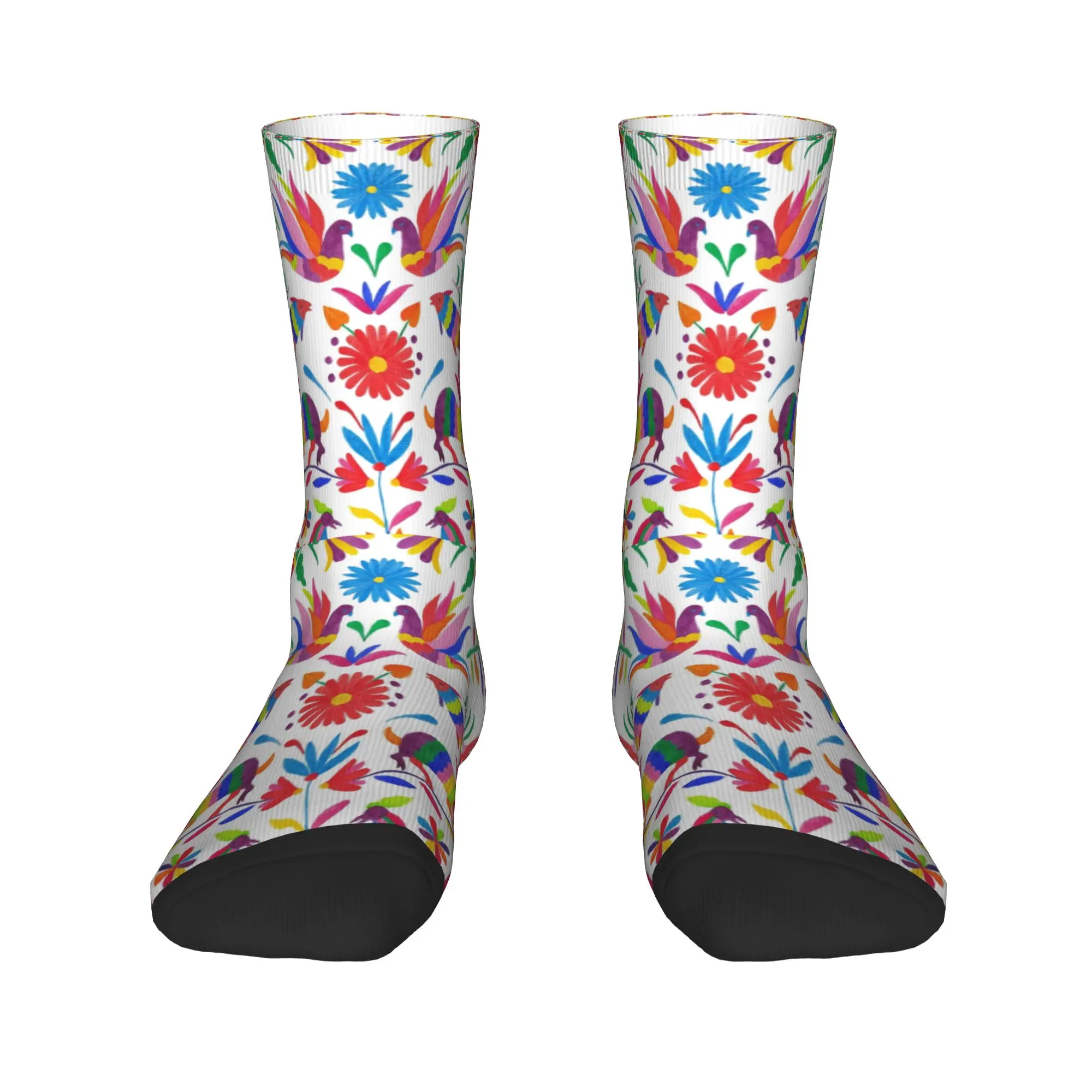 Custom Otomi Folk Mexican Art Men Women Crew Socks Unisex Cool Floral Birds Pattern Spring Summer Autumn Winter Dress Socks view 2