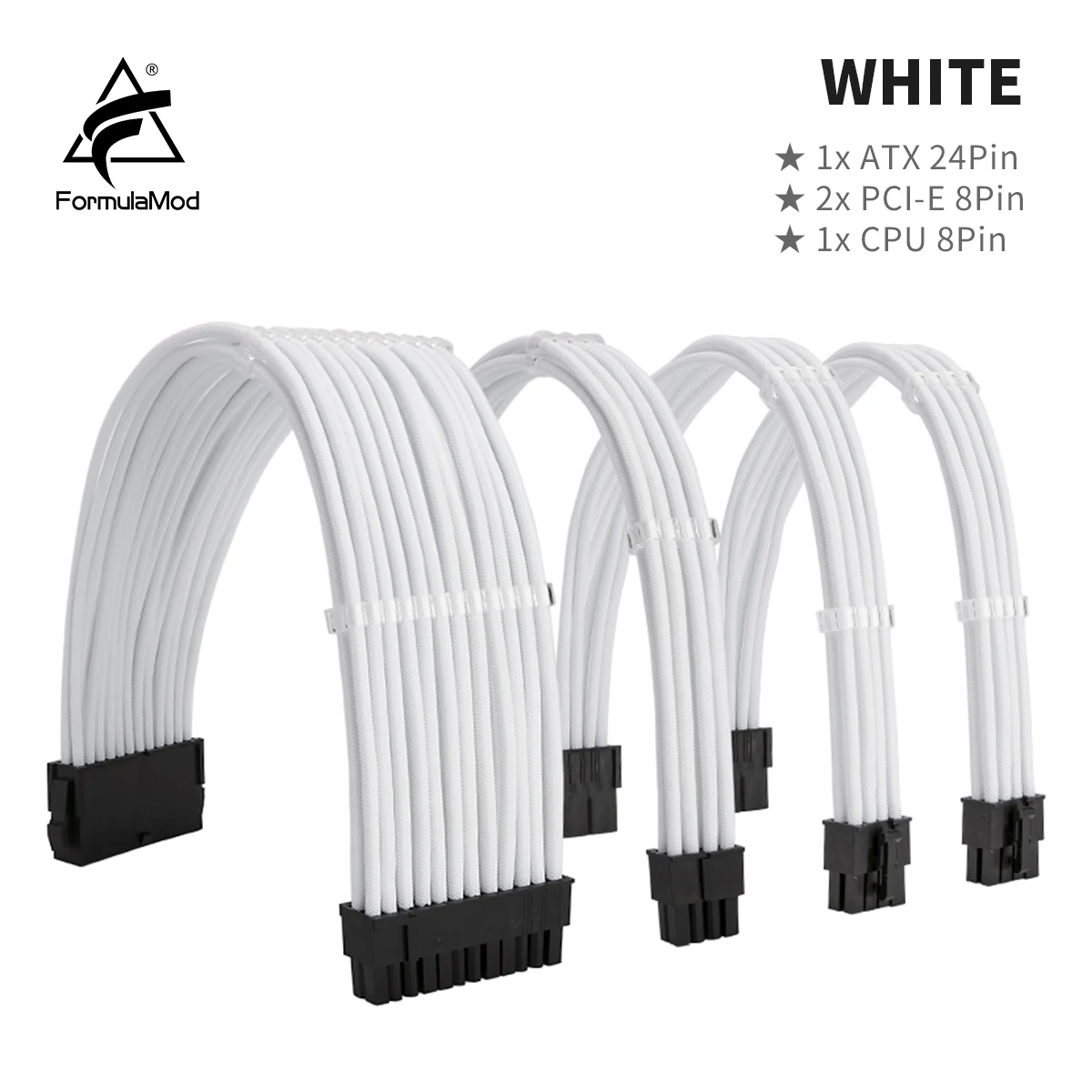 FormulaMod All White PSU Extension Cable Kit , Solid Color Cable Solid Combo 300mm ATX24Pin PCI-E8Pin CPU8Pin With Combs