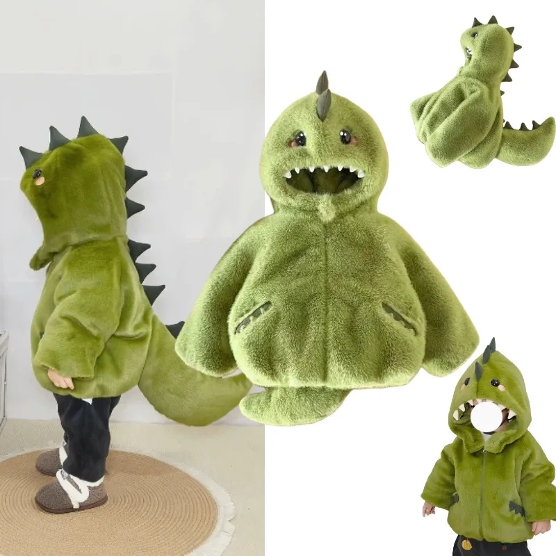 

Cute Dinosaur Cosplay Costume Green Pink Funny Hooded Thick Fur Coat for Women Girl Boy Halloween Christmas Party Outfits