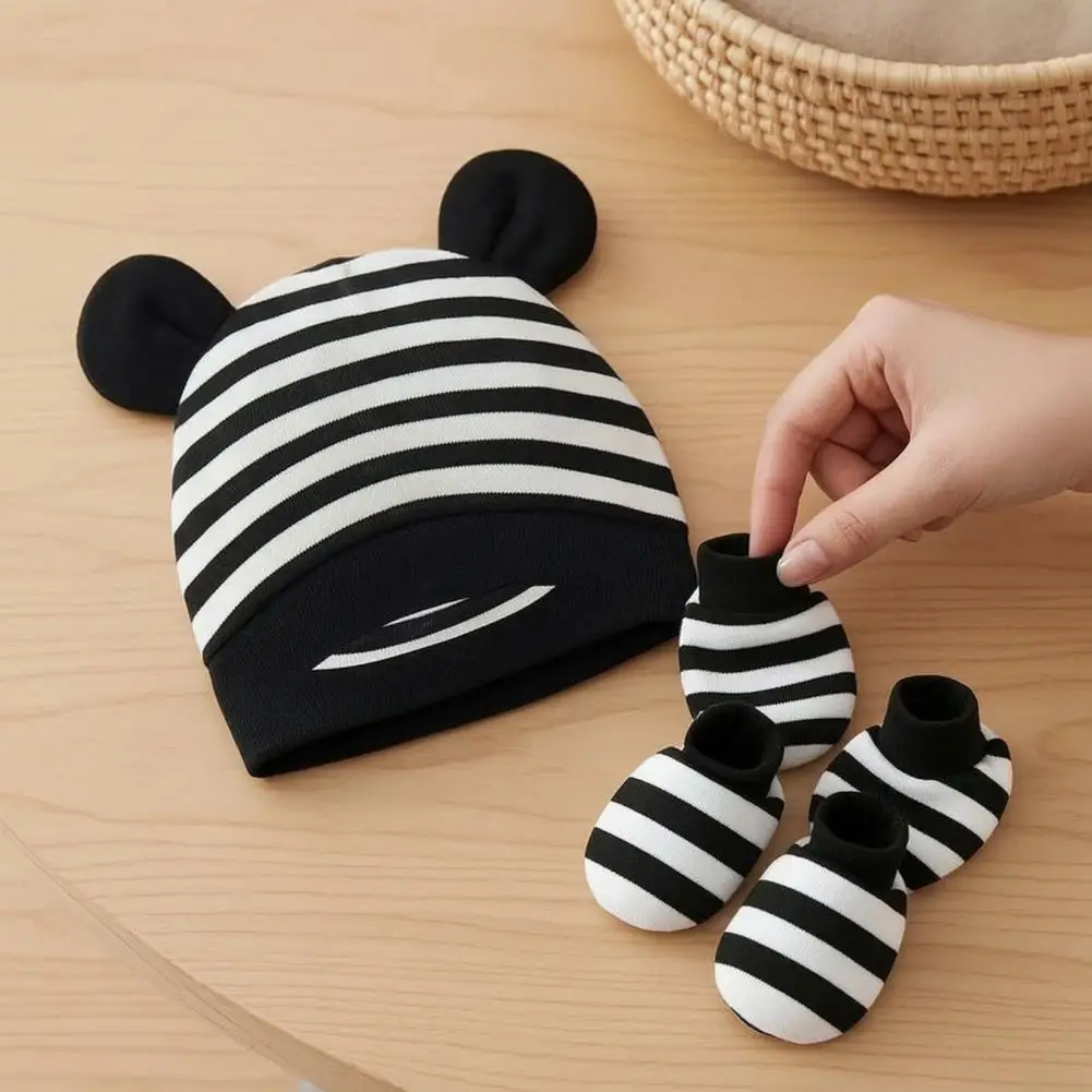 Soft Newborn Headwear Newborn Baby Hat Mittens Set Cotton Infant Bear Ears Cap with Anti-scratch Gloves Soft Booties for 0-3