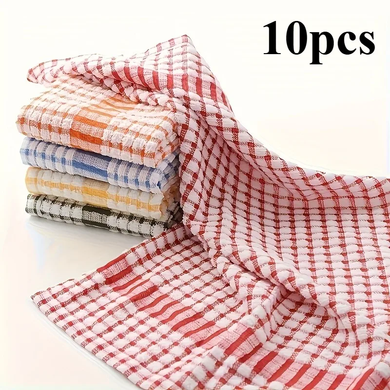 

10pcs random color Reusable Plaid Kitchen Towels: Colorful, Absorbent & Shrink-Resistant for Multi-Scene Use