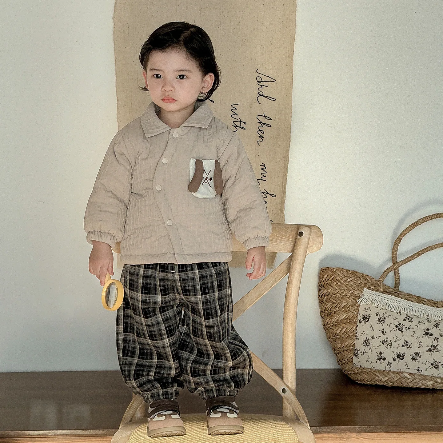 

New Winter Newborn Boy Two-piece Set Dog Printed Thick Warm Down Jacket With Toddler Kids Boys+plaid Mid Waist Infant Boy Pant