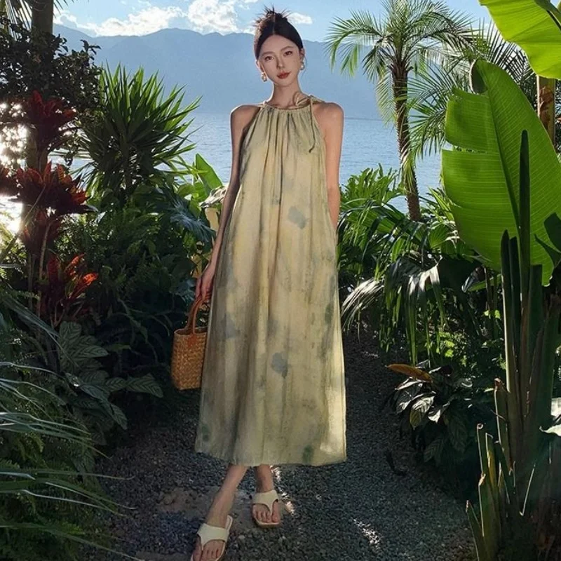 Damen Sommer Neckholder-Maxikleid Grün Verlaufsfarben Locker Sitzendes Kleid Weibliches Sommer-Urlaubskleid Bequemes Slip-Kleid