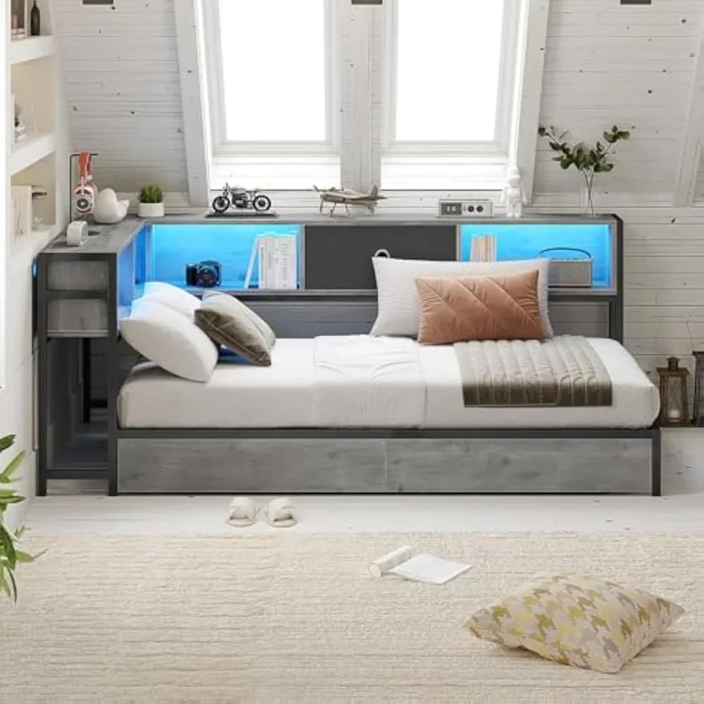 Corner Bed Frame Twin Size with Bookcase and 2 Underbed Storage Drawers, Modern Twin Bed with LED Light and Charging Station image 6