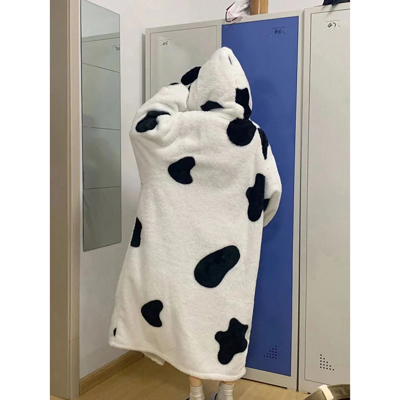 Cow Print Robe Women Sleepwear Hooded Nightdress Winter Fleece Pajama Night Wears Warm One Piece Nightgown Long Sleeve Homewear