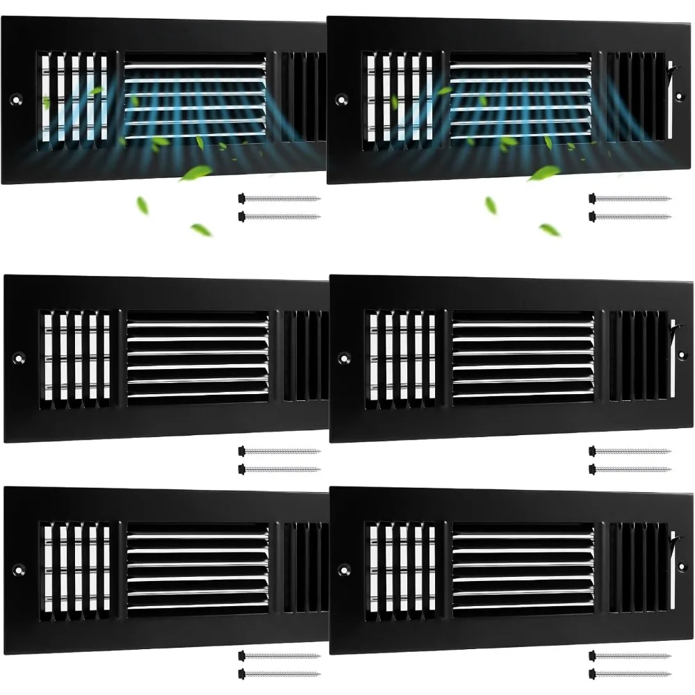 

6-Pack Black Steel Air Vent Covers, 12x4 Inch Interior Size, 3-Way Adjustable for Ceiling/Wall Installation