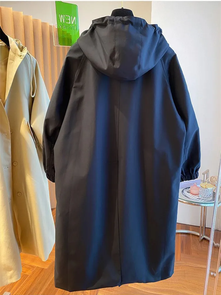 2025 Korean Vintage Long Trench Coat Casual Windbreak Jacket Women Hood Drawstring Jackets Oversized Windbreaker Outwear Female