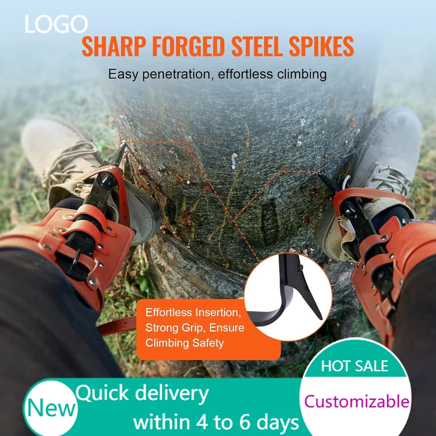 Tree Climbing Spikes Set, 1 Pair Height-Adjustable Climbing Spurs with Security Harness and Utility Rope, Fruit Picking