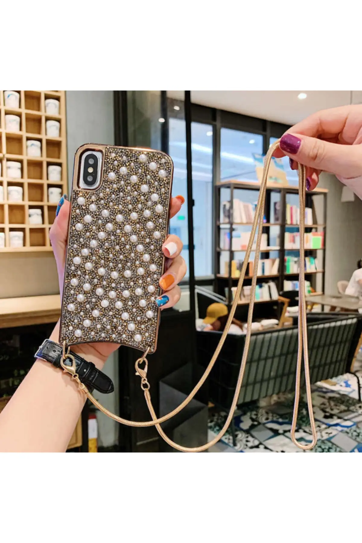 Iphone Xs Max Stone And Pearl Plated Beads Chain Suspenders Women 'S Pouch