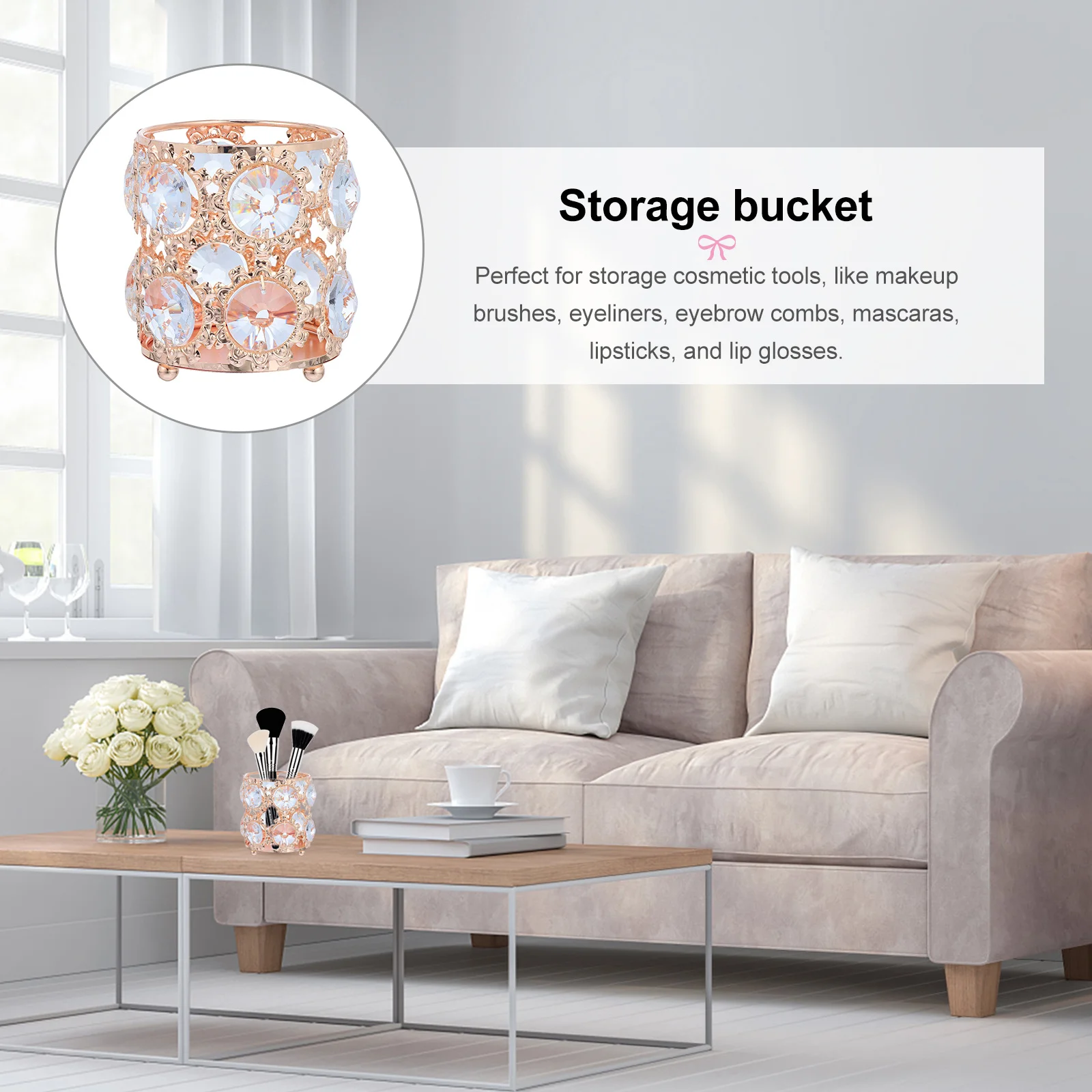 

Desktop Makeup Organizer Rhinestone Storage Box for Brushes Eyeliners Pads Pens High Quality Metal Shine Finish Home Office