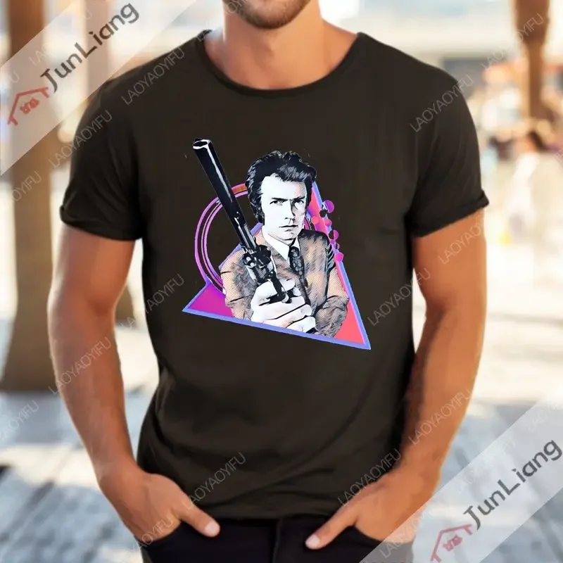 

A Black T-shirt Man's Top Given To His Father By Harry Clint Eastwood's Fans, A Comical Loose Street Outfit From Harajuku