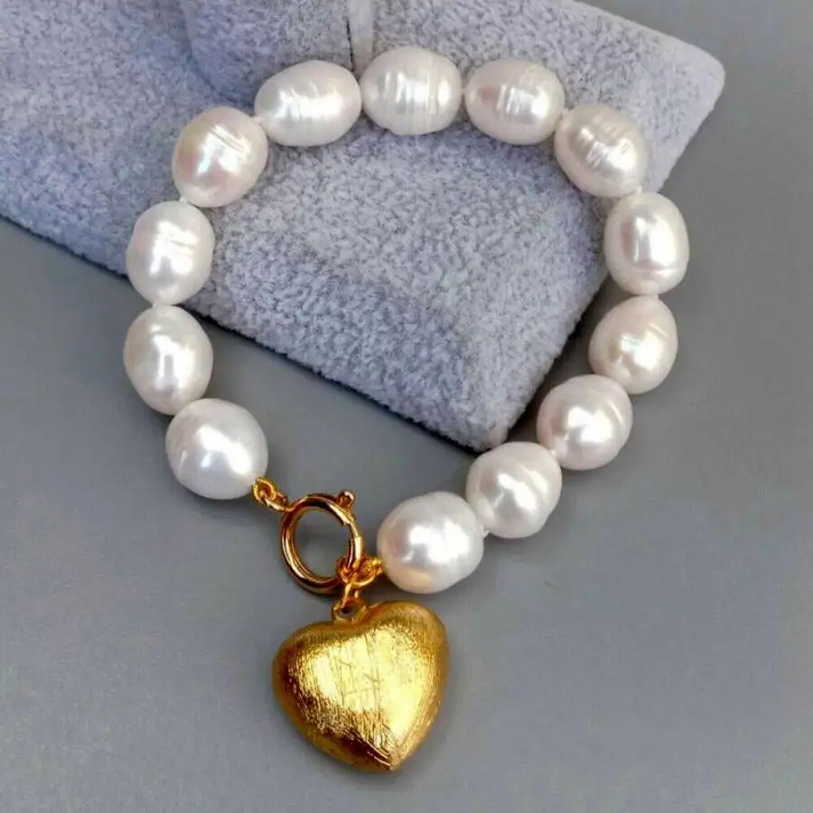 

White Rice Shell pearl Bracelet Gold Plated Heart Charm 8" Elegant Adjustable Formal Women Wrap Casual Durable Handmade Ethnic