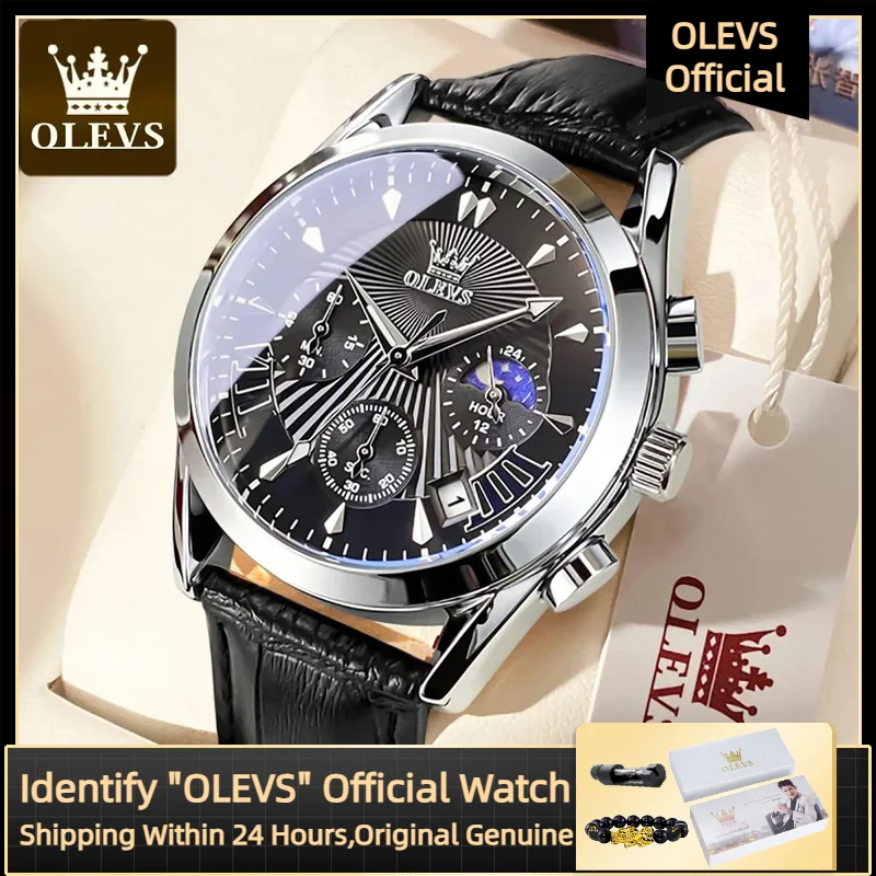 

Мужские деловые кварцевые часы OLEVS класса премиум из натуральной кожи, Роскошные водонепроницаемые модные светящиеся часы с хронометром и лунной фазой