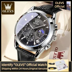 OLEVS Premium Men's Business Quartz Watch Genuine Leather Luxury Waterproof Strap Fashion Luminous Timing Code Moon Phase Watch
