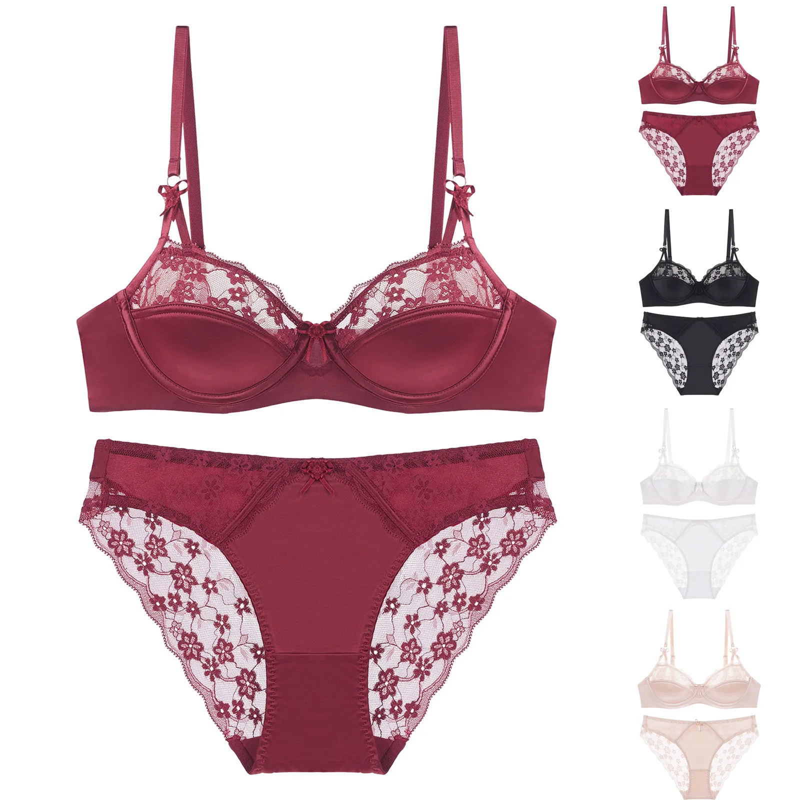 Women French Sexy Half Cup Bra Lingerie Set 2 Pieces Floral Lace Edge Smooth Underwire Bra And Panties Satin Underwear Brassiere