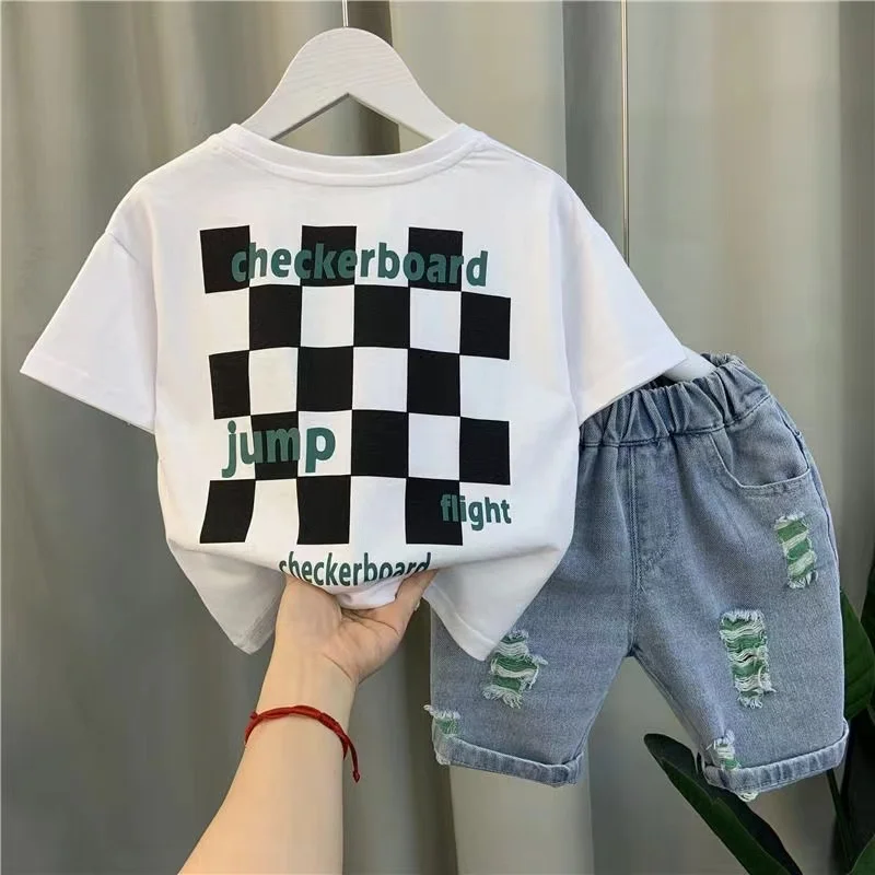 Vestiti estivi per neonati Nuovi vestiti per bambini Manica corta Girocollo Pullover Top e pantaloncini di jeans Sport Due pezzi 1-9T Set