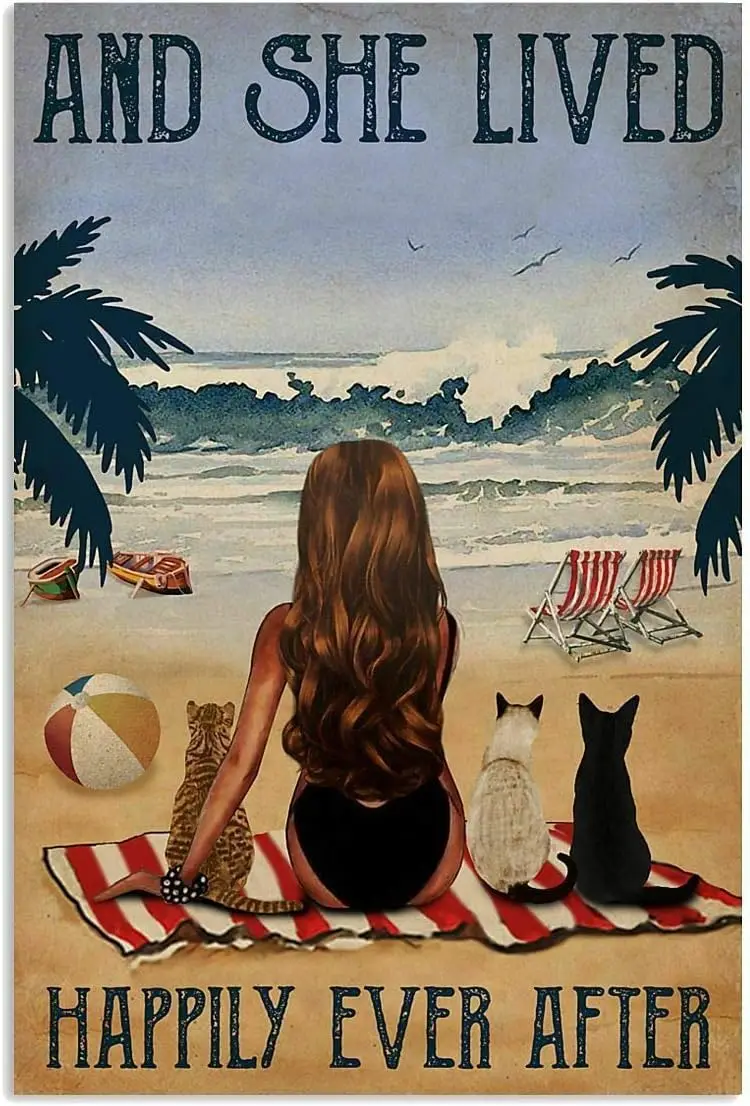 Vintage Tin Sign Beach Lived Happily Cats Curly Hair Metal Poster Wall Decoration for Home Club Garage Store Bar Cafe Farm  sign