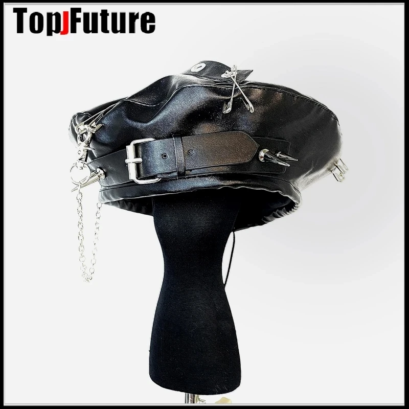 Harajuku Gothic Lolita Leather Devil Beret hat Cap Autumn Winter Y2K Girl Women\'s Metallic Punk Sharp nail decorative hats