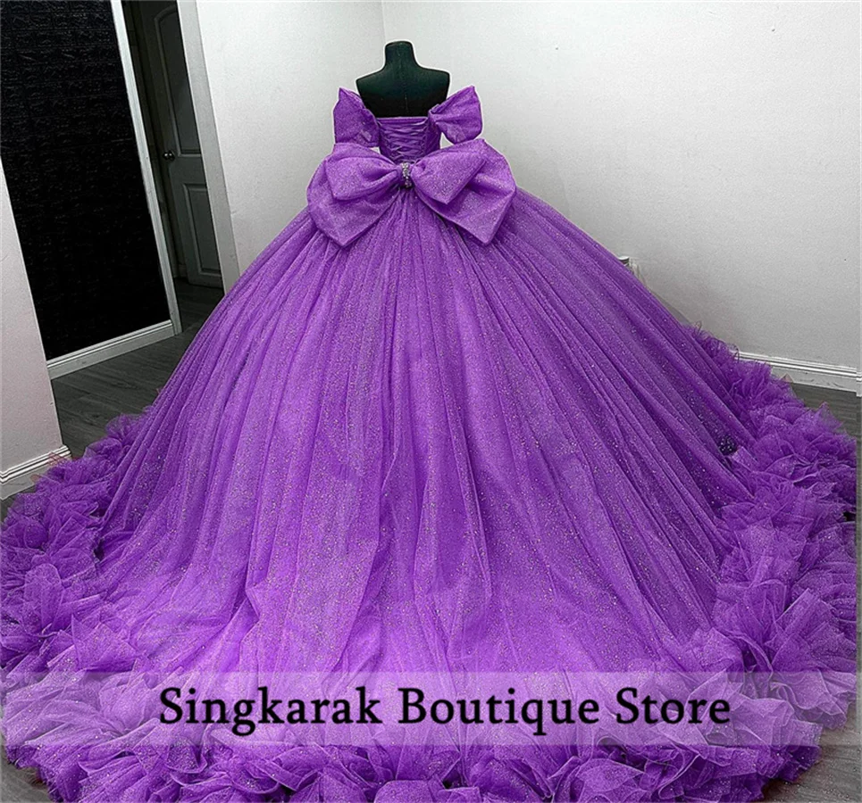

New 2024 Purple Princess Quinceanera Dresses With Bow Ball Gown Crystals Beads Tiered Ruffles Sweet 15th Dress Customized