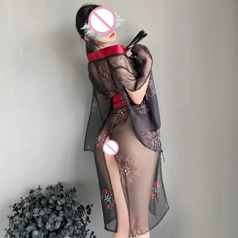 ثوب الكيمونو الياباني للنساء البشكير جنسي الملابس الداخلية فانتوم المطبوعة انظر من خلال فستان أسود عميق الخامس مع سراويل مجموعة الأزياء