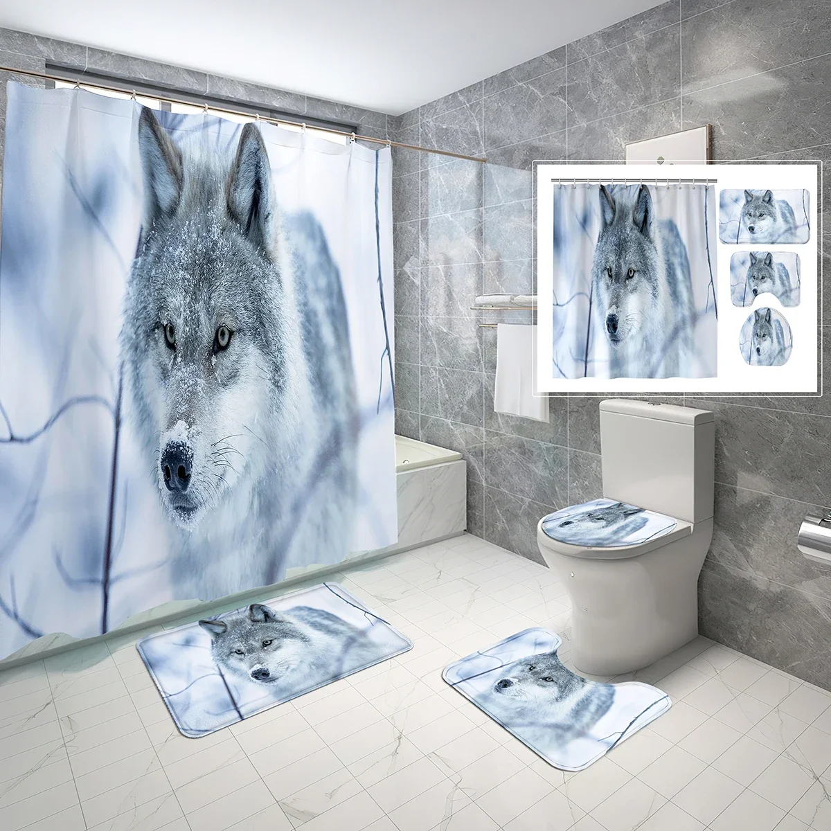 4 Pcs Wolf Theme Shower Curtain Set Snow Landscape Shower Curtain Bathroom Non-Slip Bath Mat Toilet Cover Shower Curtain Set