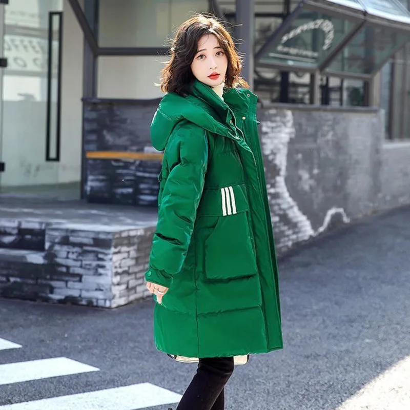 Fashion Hooded Shiny Down Cotton Jacket Women\'s Mid-length Korean Loose Female Outwear Thickened Warm Parka Coat