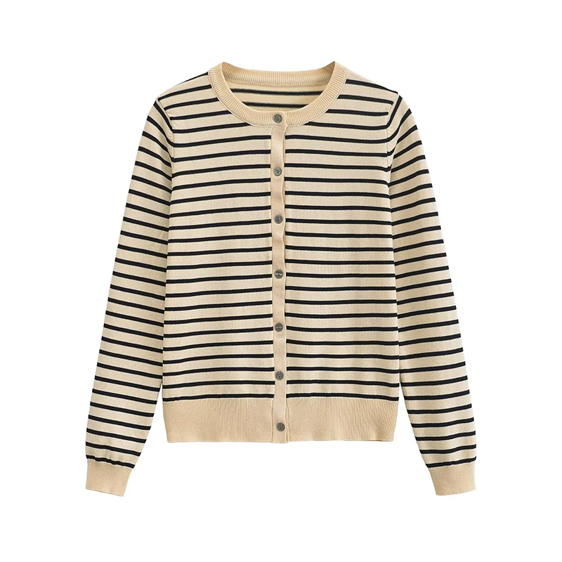 YENKYE Spring 2024  Women Single Breasted Long Sleeve Round Neck Striped Cardigan Casual Outerwear