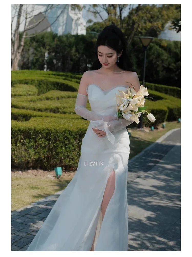 فساتين زفاف كورية بسيطة مثيرة بدون حمالات بدون ظهر فستان سهرة رسمي أنيق بطول الأرض على شكل حرف a فساتين زفاف مخصصة