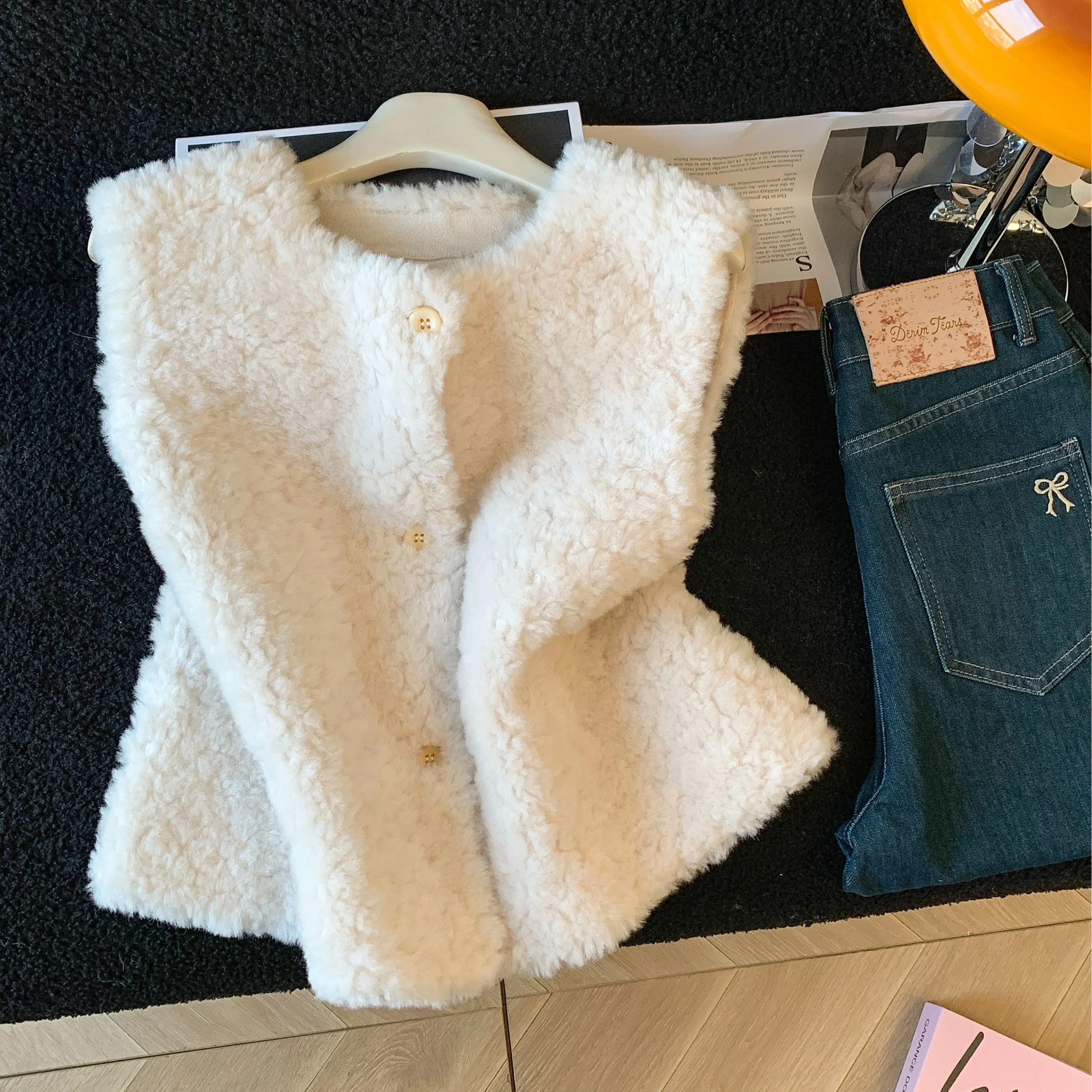 

Жилет из овечьей шерсти, круглый вырез, женский, зимний, для многослойного ношения, простой, универсальный, для повседневной носки, модный, больших размеров