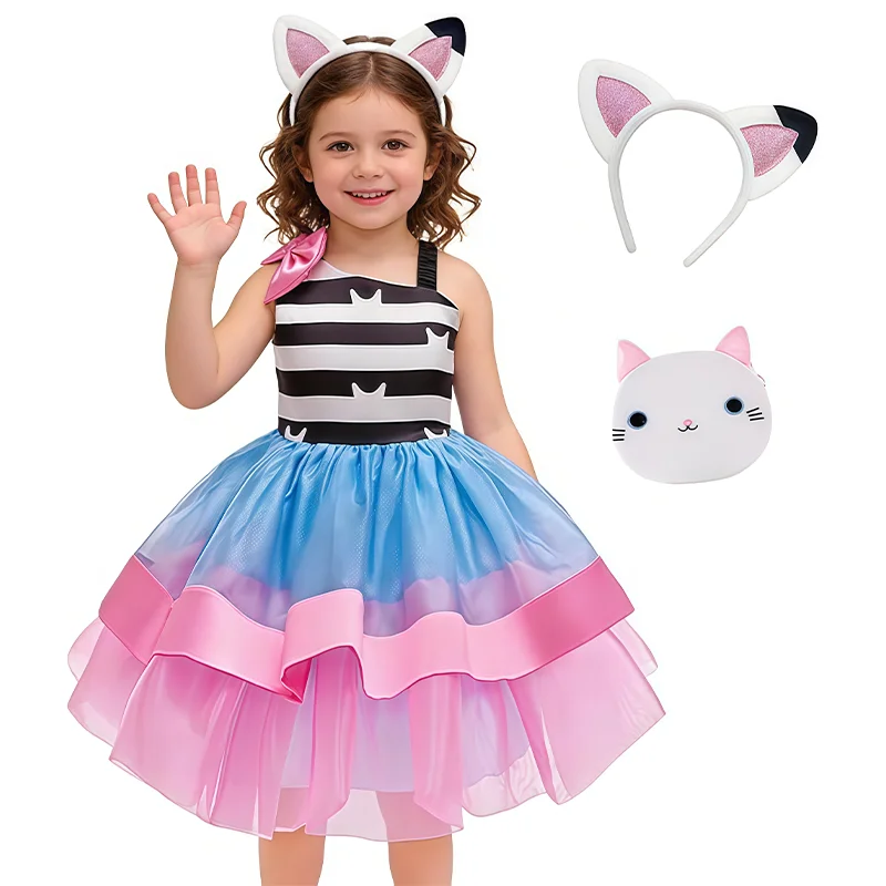 Halloween Toyhouse Costume For Kids Girls Striped Cats Layered Princess Dress For Children Birthday Party Carnival Fancy Clothes