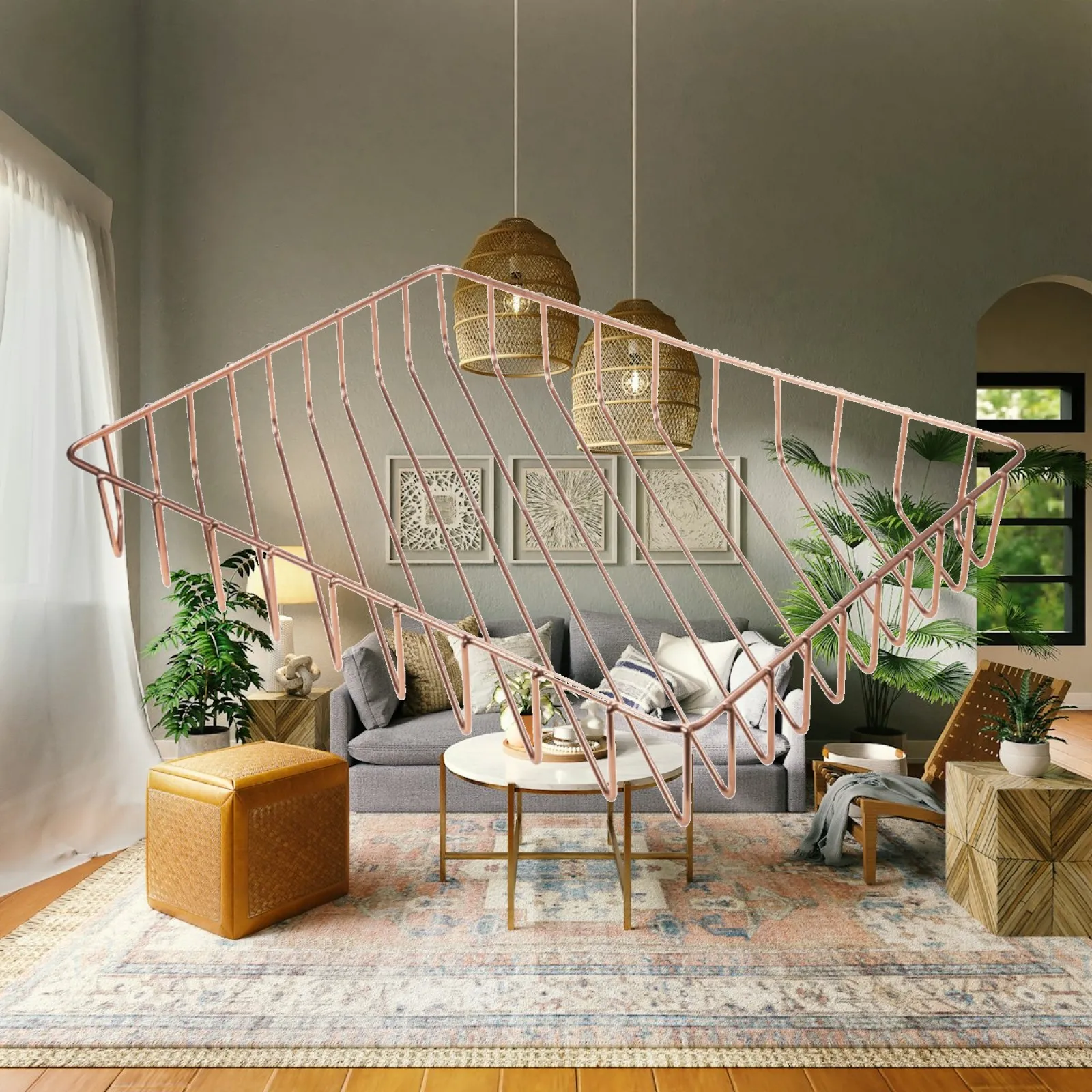 Elegant Wire Storage Basket Rose Gold Stainless Steel for Desktop Files Snacks Fruit Vanity Table Tidy Holder