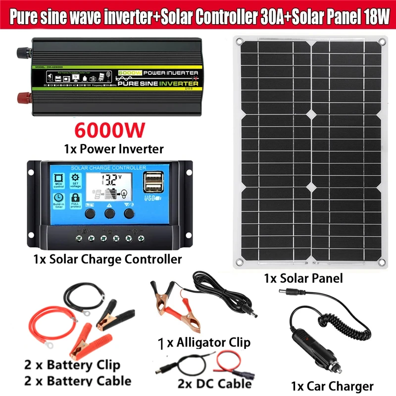 110V/220V Solar Panel System 18V18W Solar Panel 30A Charge Controller 4000W-8000W Car Solar Inverter Kit Complete Generation