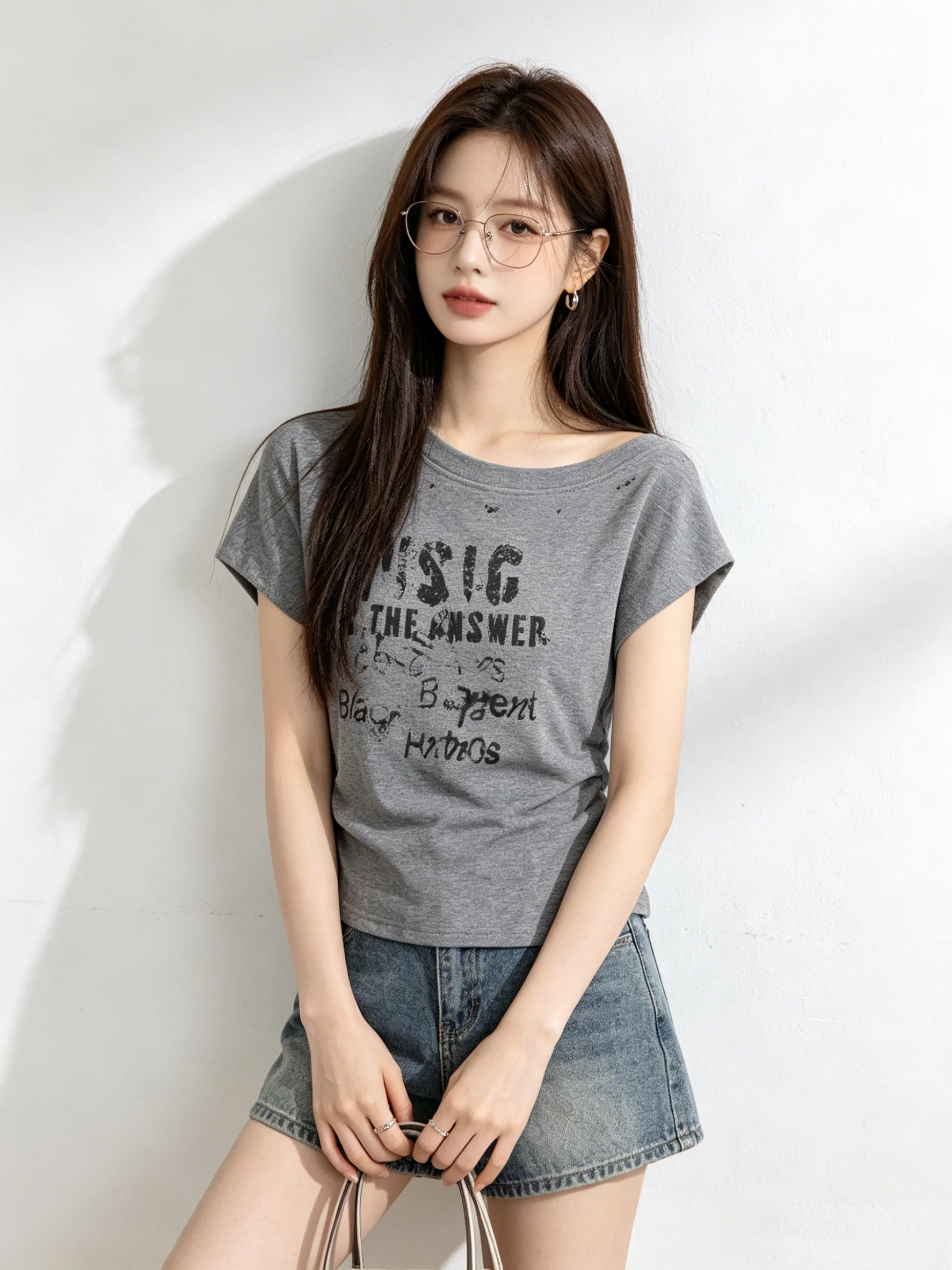 

Retro American Letter Print Diagonal Shoulder Short Sleeve T-Shirt Women's Summer Simple Slimming Versatile Commute Top