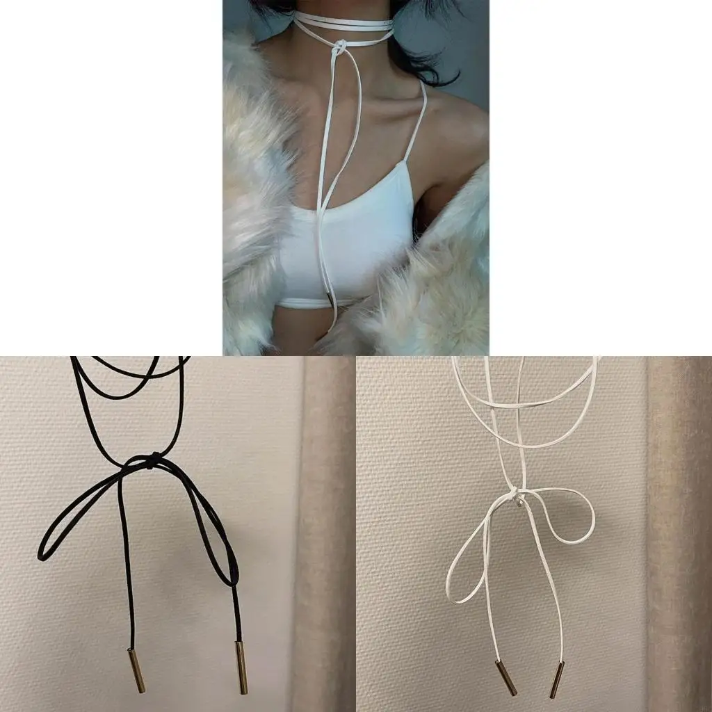 195C 2pcs Fashion Long Rope Necklace Elegant Collar Choker Necklace Suede Bowknot Neck Tie Chain Jewelry for Women Girls