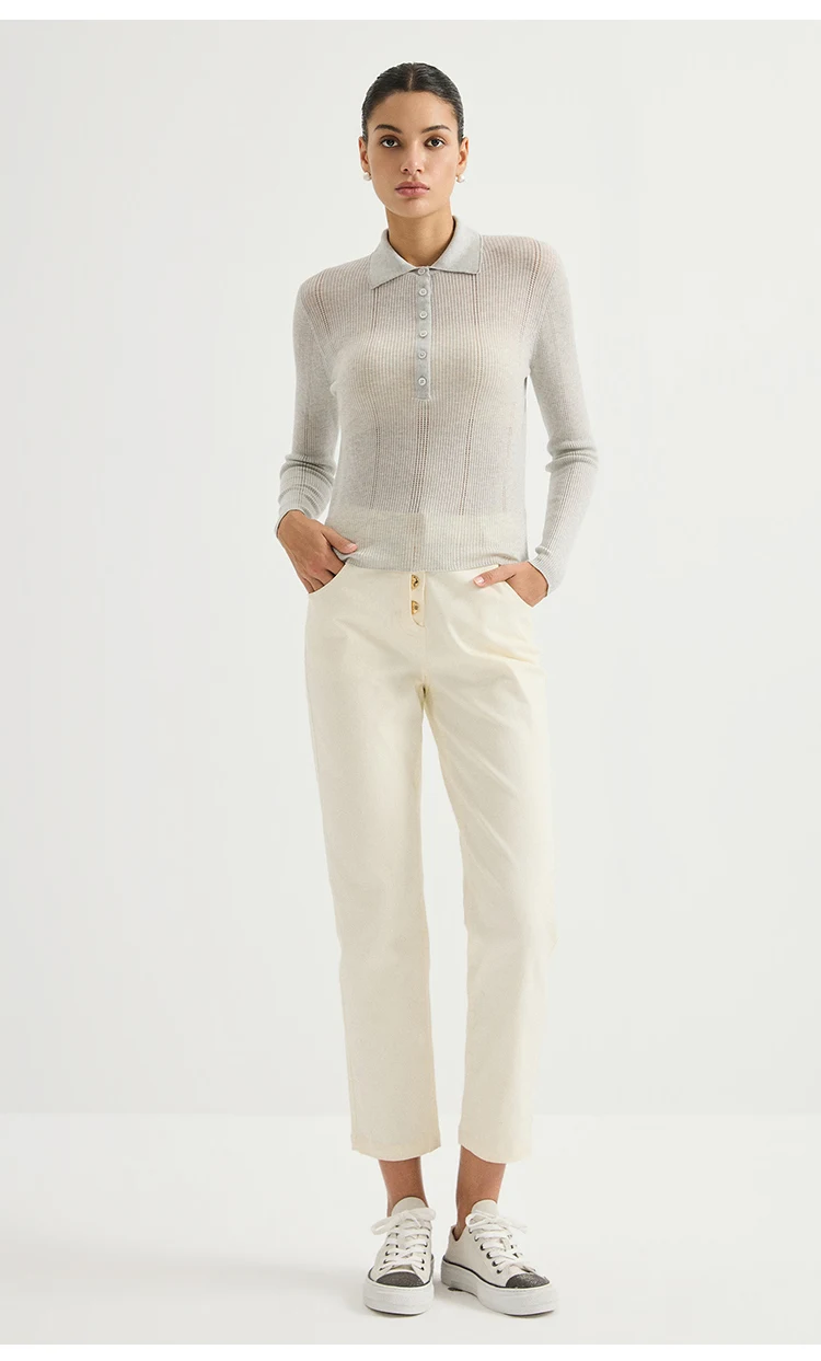 BY3621691 Damen-Polokragen-Pointelle-Strickjacke aus Wollmischung mit langen Ärmeln, halber Knopfleiste, Muschelknopfverschluss, Kette, dezenter Luxus für den Herbst – Detail 7