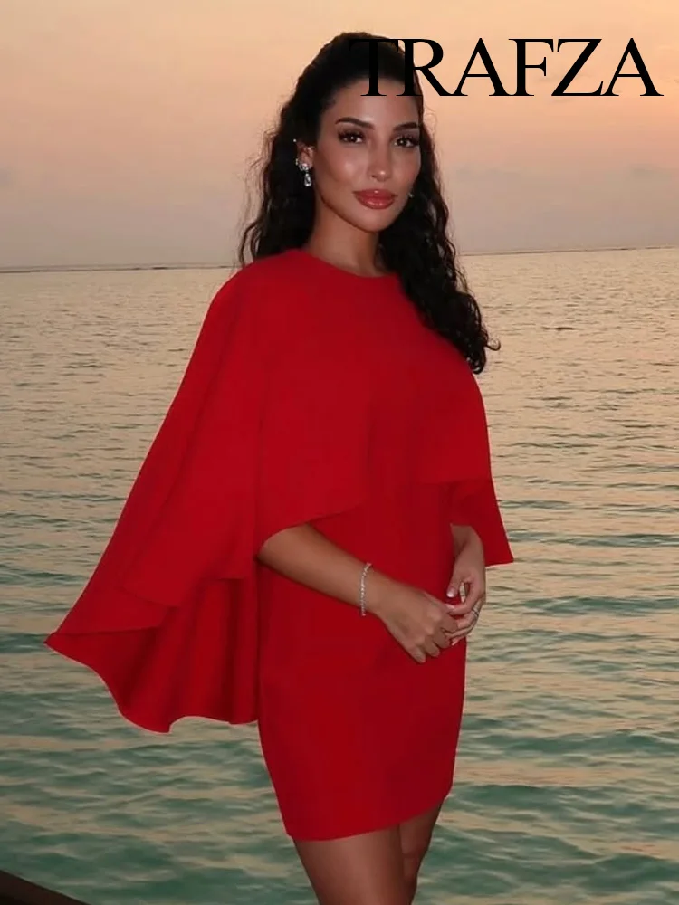 

TRAFZA Women's Hot Sexy Round Neck Series Cape Short Sleeveless Dress Female Elegant Single-Piece Button Side Zipper Slim Dress